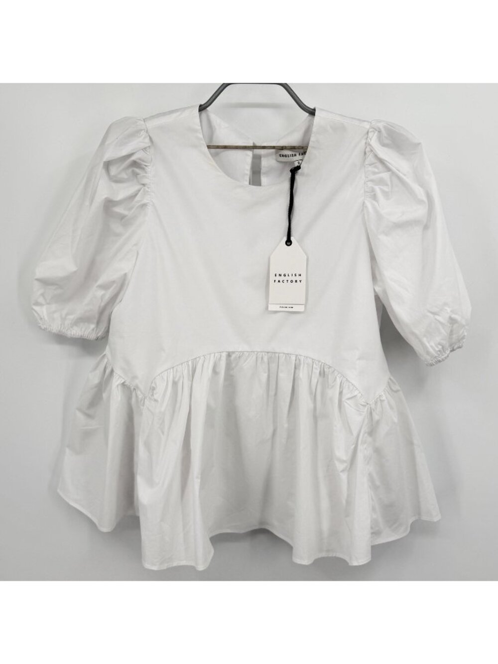 English Factory White Puff Sleeve Peplum Blouse size S Small Bow Tie Back NWT **